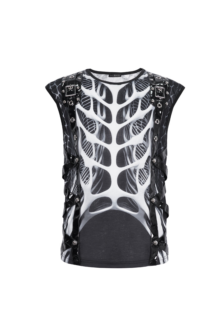 Black/White Round Collar Print Hollow Men's Punk Vest - Product - 5