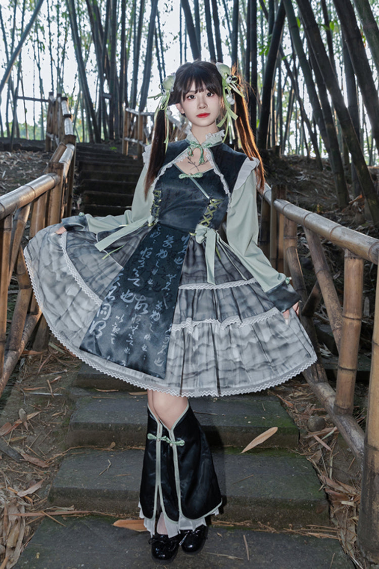 Cheongsam Ink Print Multi-layer Bowknot Sweet Chinese Style Princess Lolita Jsk Dress 2 Colors - Product - 6