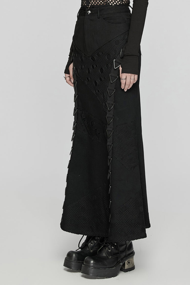 Black Stitching Mesh Triangular Buckle Women's Punk Fishtailed Skirt - Product - 2