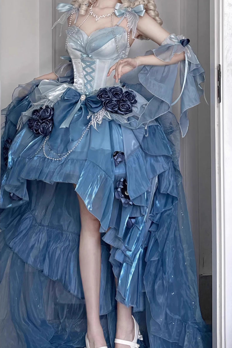 Sky Blue [Swan Wonderland] Embroidery Bowknot Lace-Up Short Front Long Back Irregular Sweet Ballet Lolita Jsk Dress - Product - 5