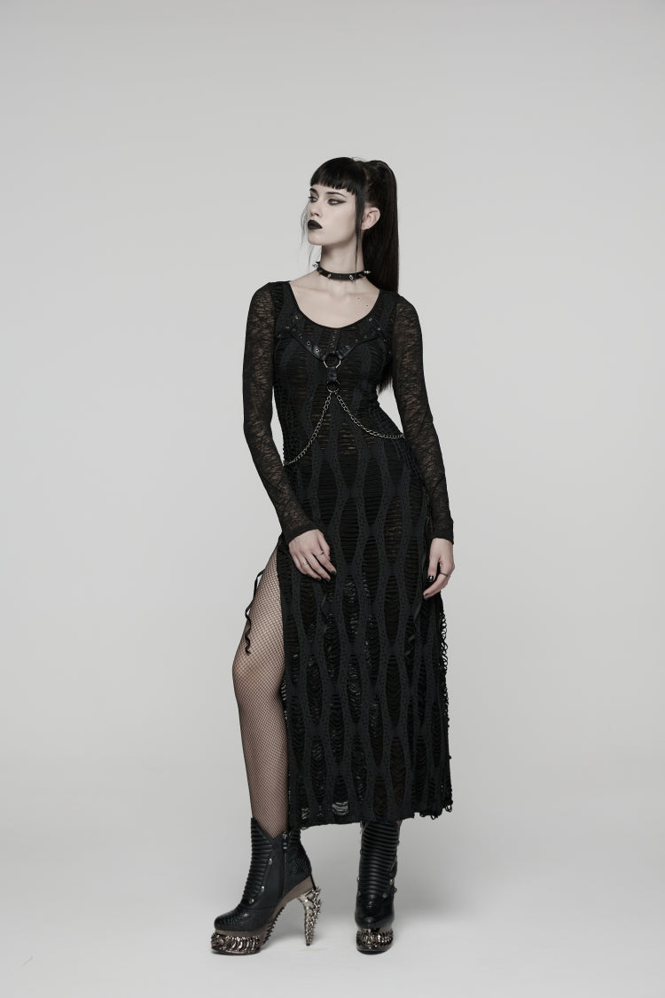 Black Round Collar Long Sleeves Cut-Out Lace-Up Slim Buckled Chain-Decorated Eyelet Women's Punk Cool Dress - Product - 4
