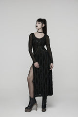 Black Round Collar Long Sleeves Cut-Out Lace-Up Slim Buckled Chain-Decorated Eyelet Women's Punk Cool Dress - Product - 4