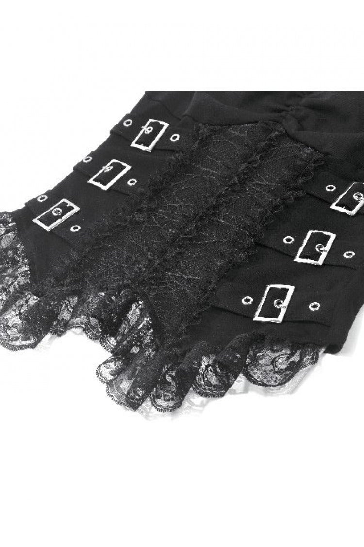 Black Women's Gothic Vintage Multi-Layered Buckled Straps Sheer Lace Patchwork Tank Top - Product - 13