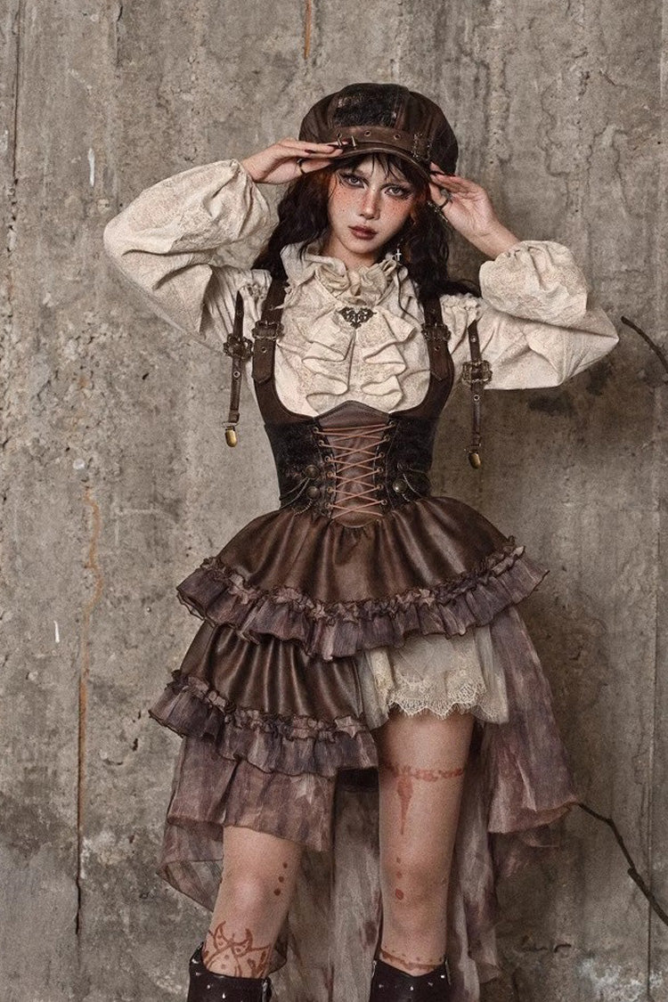 Brown Chest Straps Ruffle Irregular Detachable Tail Punk Lolita Dress - Product - 15