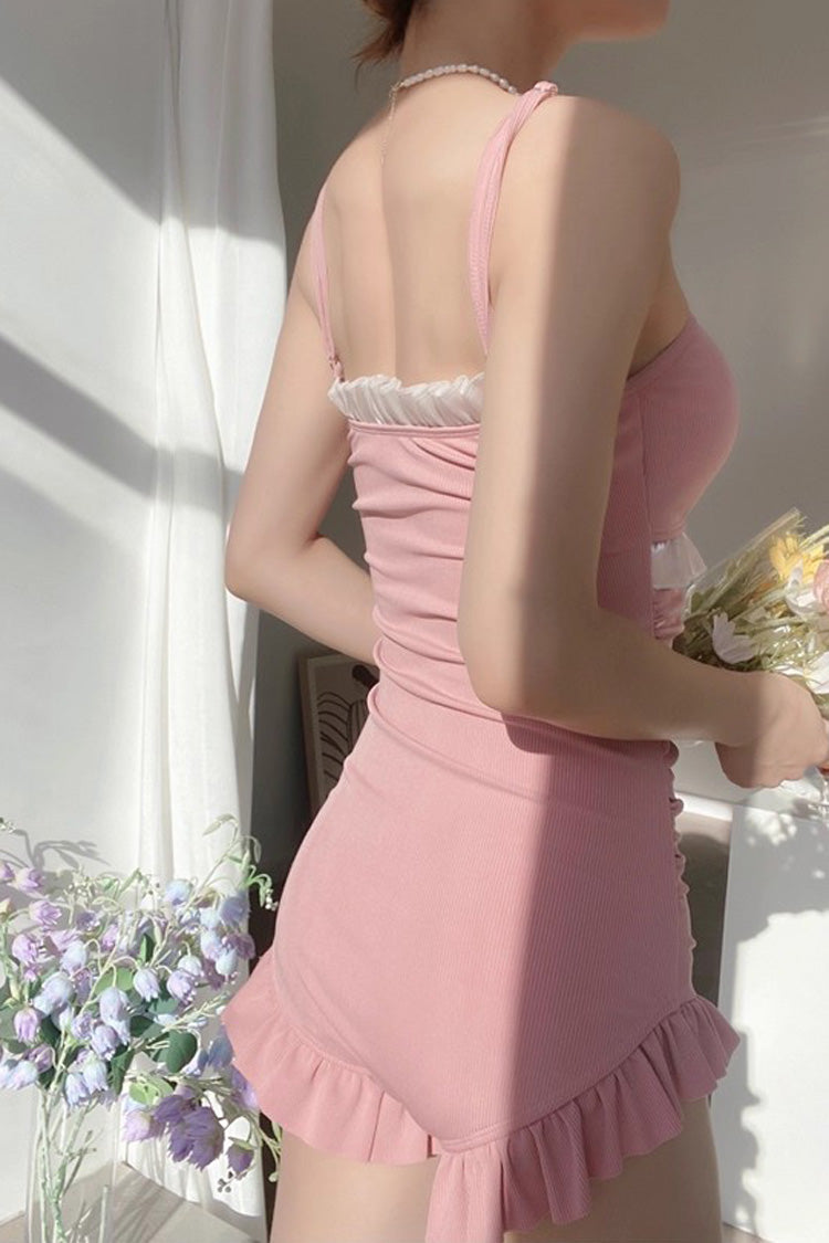 Pink Sleeveless Ruffle Cute Sweet Lolita Strapless One Piece Swimsuit - Product - 4