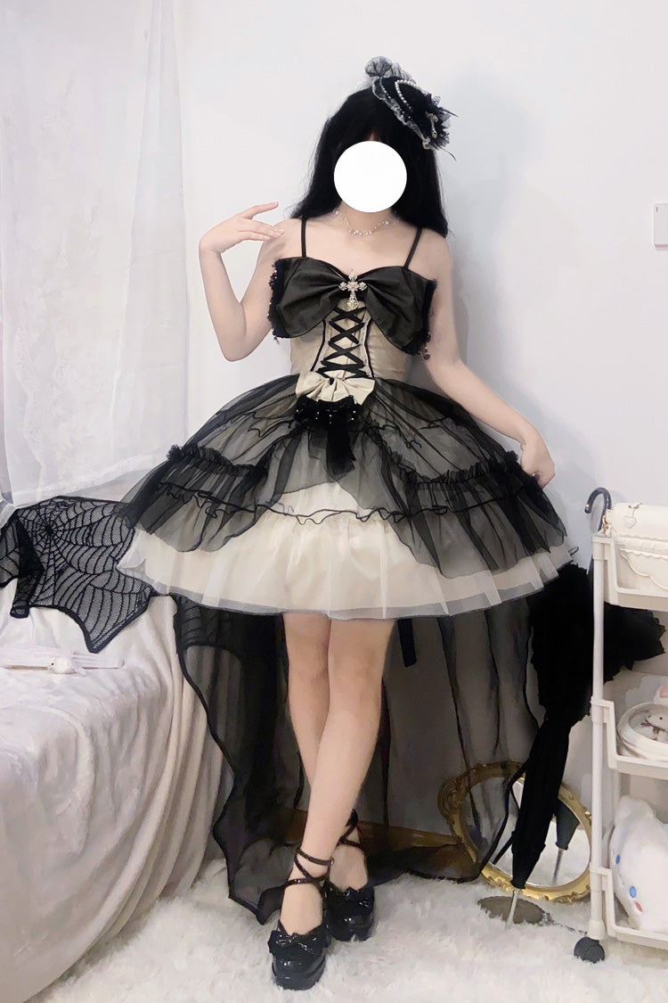 Black/White Ruffle Hanayome Lace Lace-Up Gothic Plus Size Lolita Jsk Dress (Short Version) - Product - 7