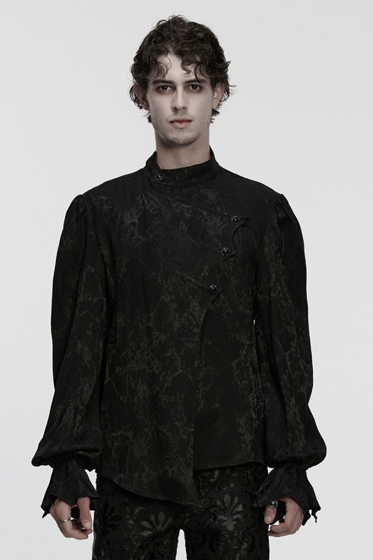 Black Stand Collar Long Puff Sleeves Print Asymmetric Men's Gothic Blouse - Black - 1