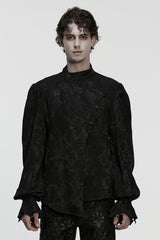 Black Stand Collar Long Puff Sleeves Print Asymmetric Men's Gothic Blouse - Black - 1