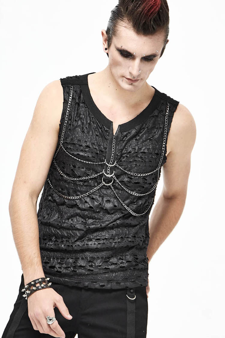 Black Broken Holes Thick Stripes Chest Chain Knit Men's Punk Vest - Product - 3