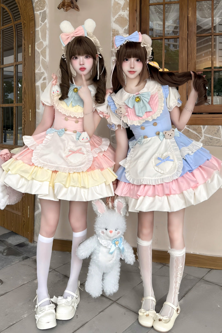 Blue/Pink [Cream Puffs] Short Puff Sleeves Triple-Layered Ruffle Bowknot Sweet Lolita Dress - Product - 3