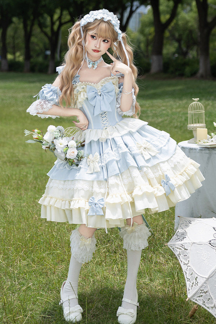 [Icy Blue Milky Wave] Square Collar Multi-Layered Printed Ruffled Bow Lace Sweet Lolita Dress Set - Product - 8