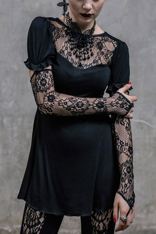 Black Sexy Mid-Length Patterned Lace Modal Women Gothic T-Shirt With Necklace - Black - 1