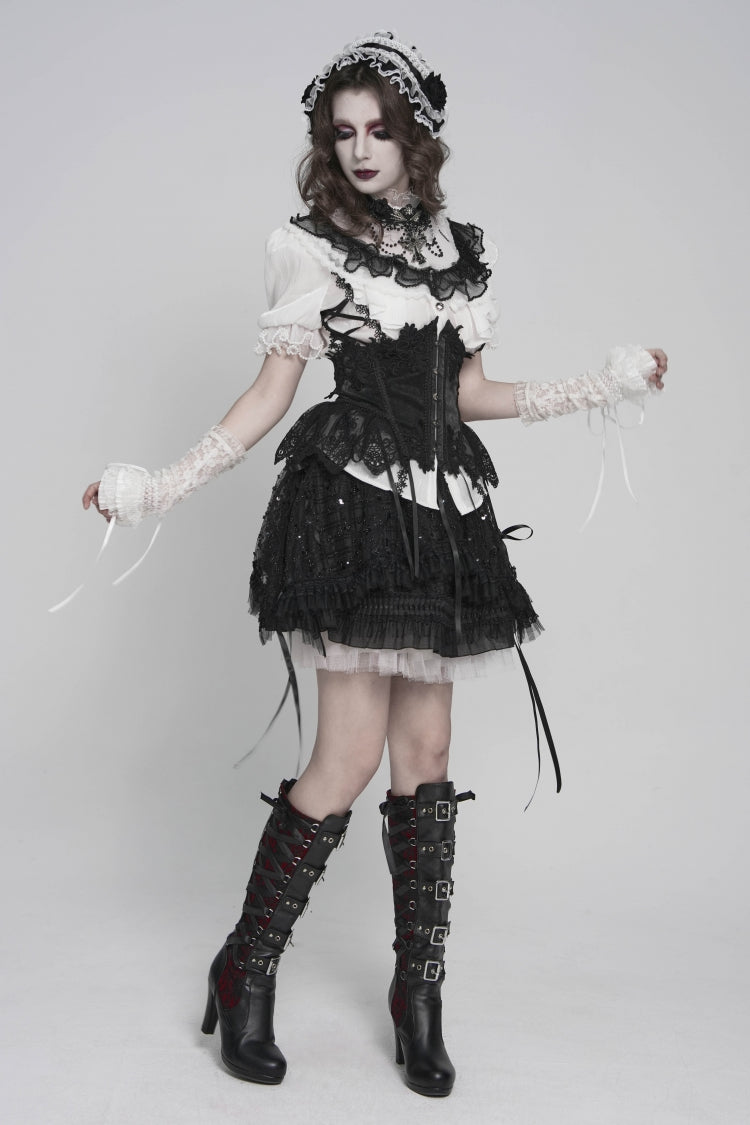 Black/White Stand Collar Short Sleeves Embroidered Lace Lace-Up Slim Pleated Women's Gothic Palace Blouse - Product - 9