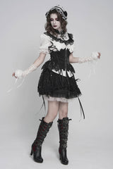 Black/White Stand Collar Short Sleeves Embroidered Lace Lace-Up Slim Pleated Women's Gothic Palace Blouse - Product - 9