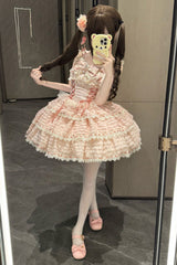 Pink [Song of Floral Letters] Sleeveless Triple-Layered Bowknot Lace-Up Sweet Lolita Jsk Dress - Product - 4