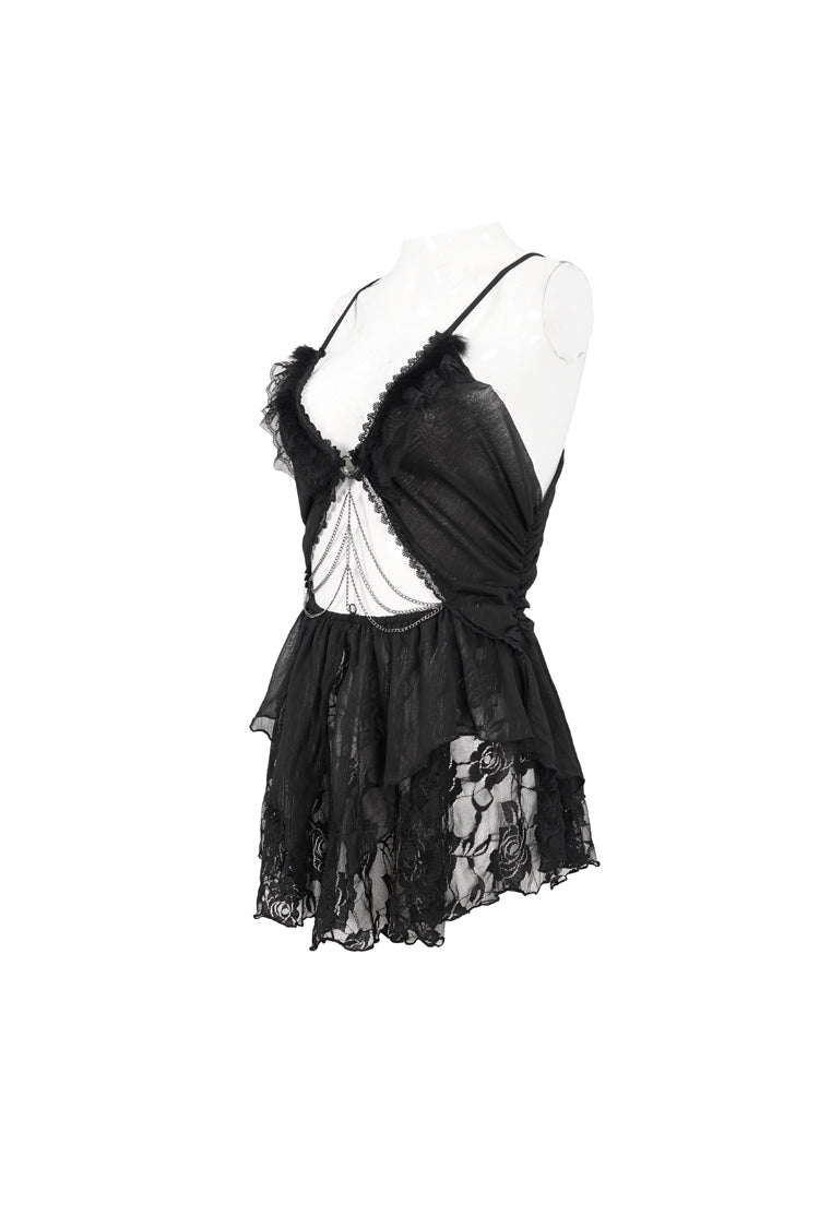 Black Sheer Striped Chiffon Paneled Lace And Metal Chain Trim Women's Punk Fun Dress - Product - 7