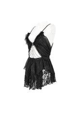 Black Sheer Striped Chiffon Paneled Lace And Metal Chain Trim Women's Punk Fun Dress - Product - 7