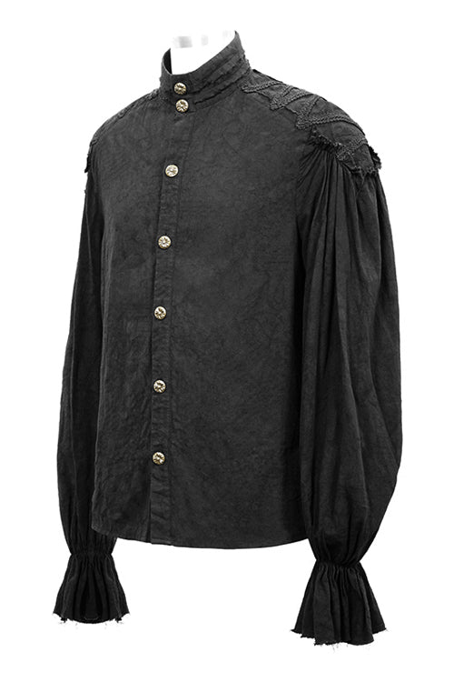 Black Straight Collar Puff Sleeve  Jacquard Mens Punk Blouse - Product - 5