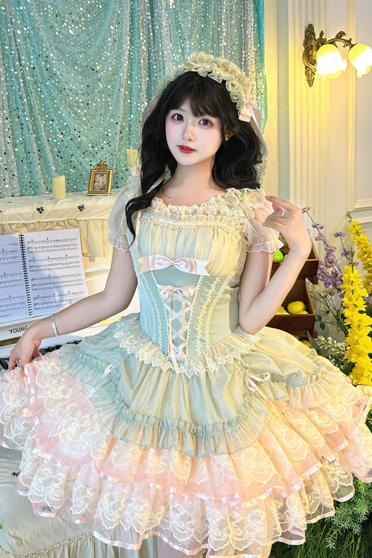 Green [Bale Bebe] Sleeveless Triple-Layered Ruffled Bow Lace-Up Sweet Ballet Lolita Dress - Green - 1