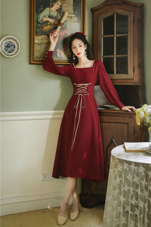Wine Solid European Manor Square Collar Long Sleeves High Waisted Classic Lolita OP Dress - Product - 2