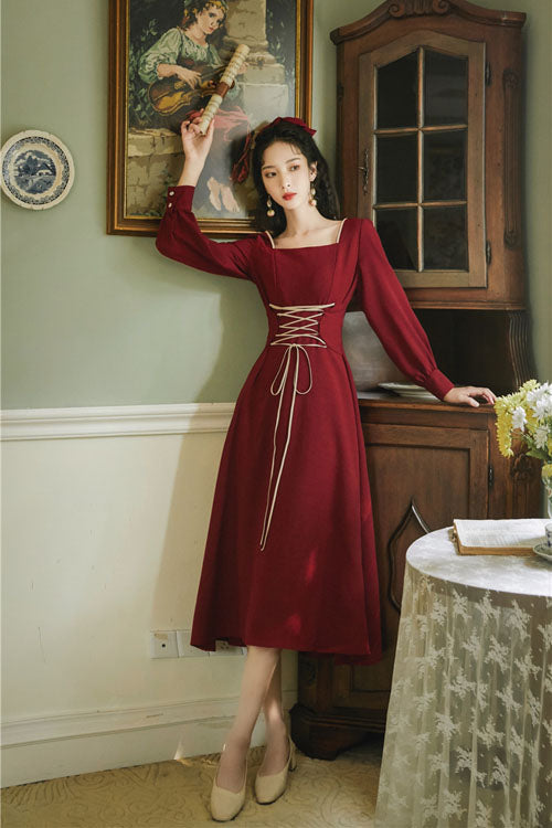 Wine Solid European Manor Square Collar Long Sleeves High Waisted Classic Lolita OP Dress - Product - 2