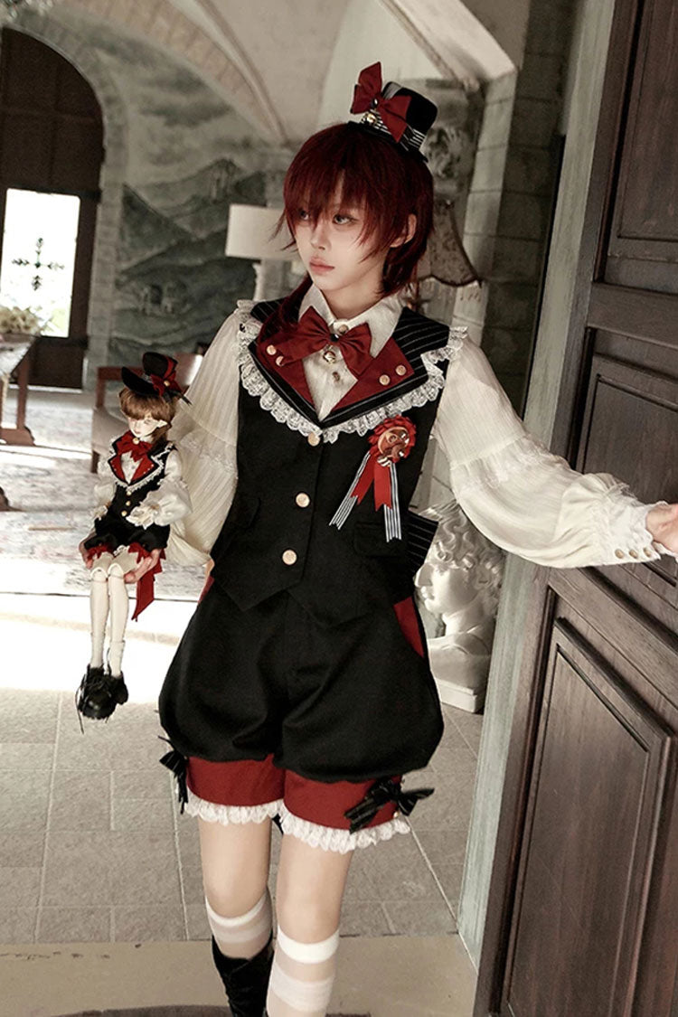 Red/Black [Candy Shop] V Collar Sleeveless Bow Lace Sweet Ouji Lolita Shorts Vest Set - Product - 3