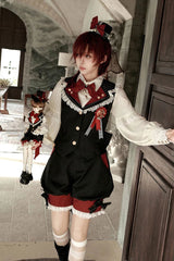 Red/Black [Candy Shop] V Collar Sleeveless Bow Lace Sweet Ouji Lolita Shorts Vest Set - Product - 3