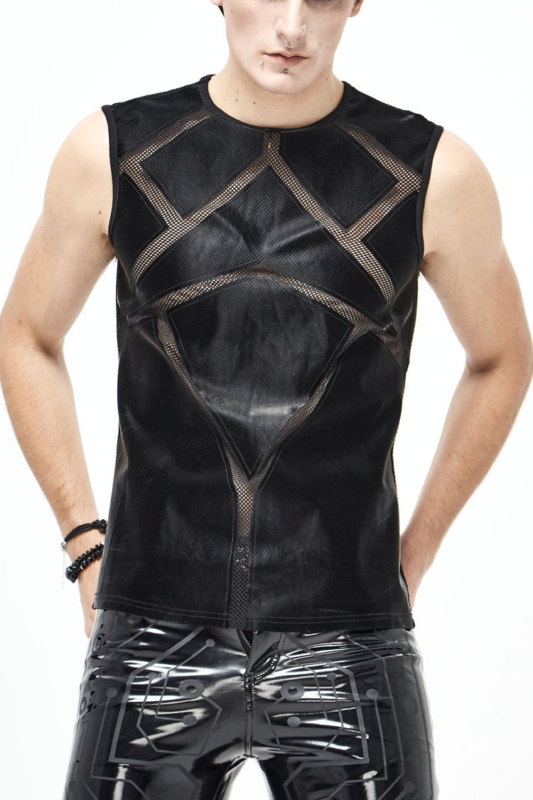 Black Shiny Knits Splice Armor Modeling Mesh Men's Punk Vest - Black - 1