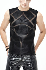 Black Shiny Knits Splice Armor Modeling Mesh Men's Punk Vest - Black - 1