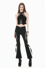 Black Women's Punk Halterneck Cross Double Buckled Waist Mesh Splice Tank Top - Product - 6