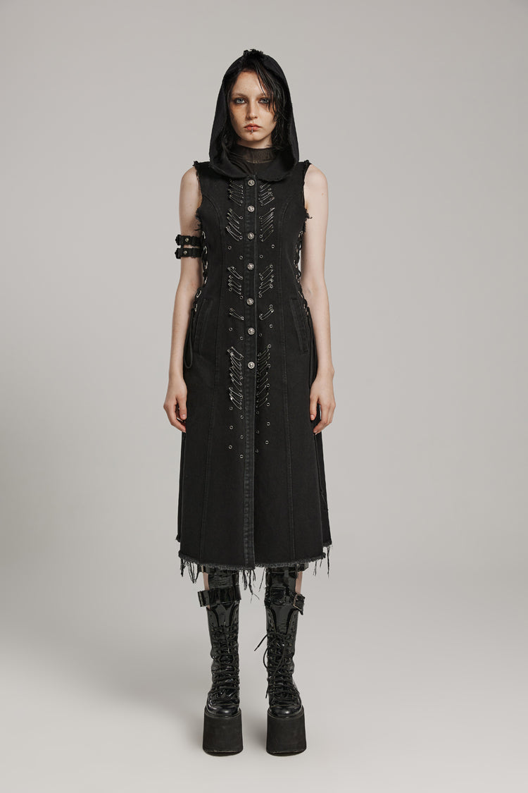Black Side Drawstring Sleeveless Pin Decoration Hooded Womens Steampunk Long Vest - Product - 3