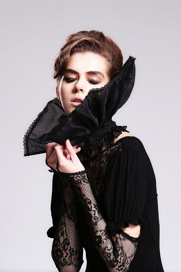 Black Organza Lace Velveteen Women's Gothic Stand Up Collar - Product - 4