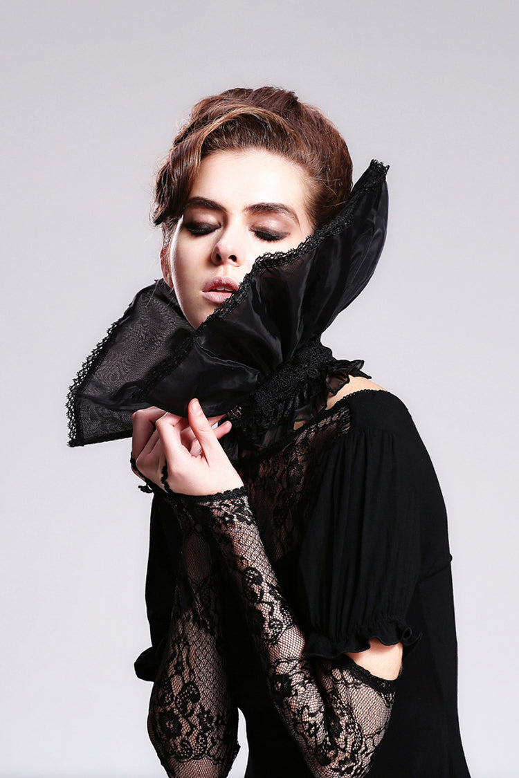 Black Organza Lace Velveteen Women's Gothic Stand Up Collar - Product - 4