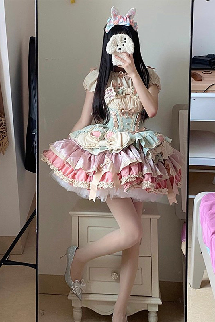 [Ribbon Dance] Multi-Layered Ruffle Bowknot Lace-Up Sweet Princess Lolita Dress 3 Colors - Product - 17
