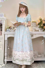 Green [Spring of Nai] Square Collar Short Sleeves Print Pearl Sweet Elegant Lolita Dress - Green - 1