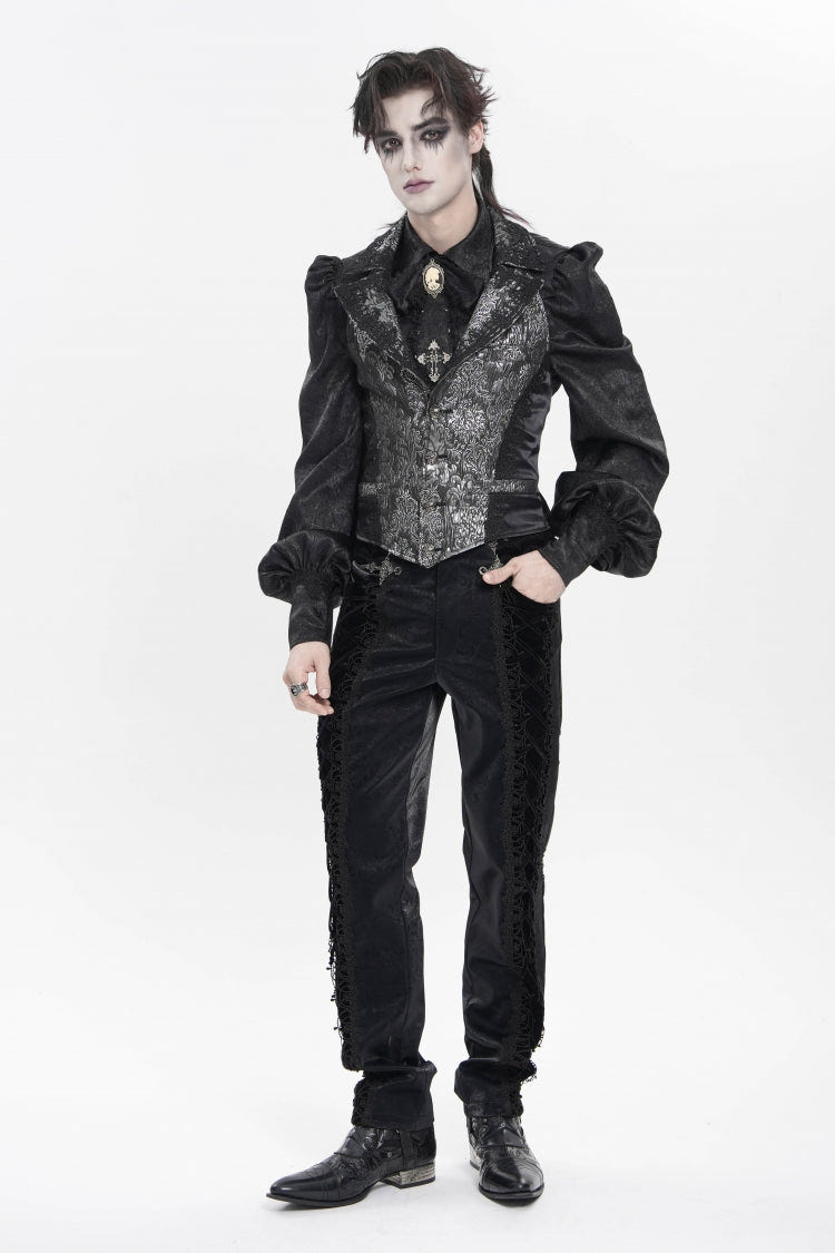 Black Printed Embroidered Spliced Lace-Up Men's Gothic Pants - Black - 8