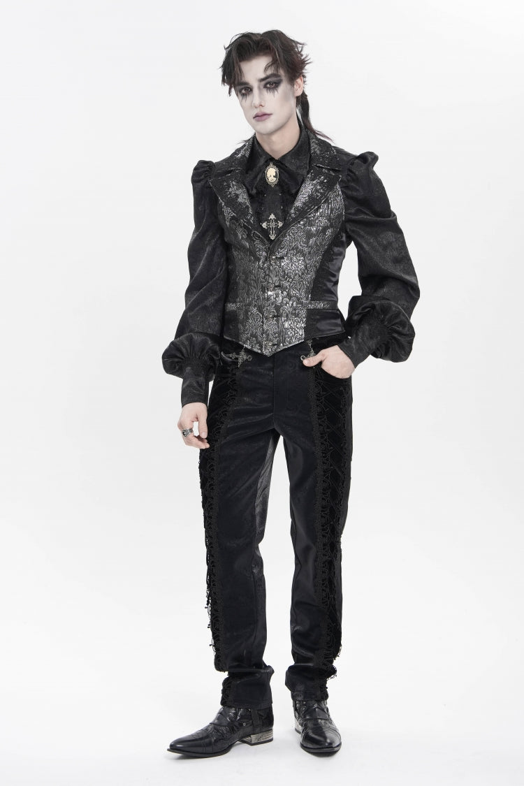 Black Printed Embroidered Spliced Lace-Up Men's Gothic Pants - Black - 8