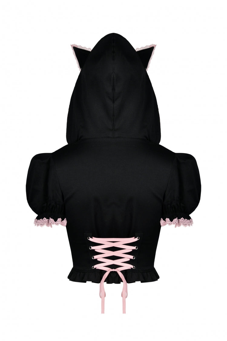 Black/Pink Short Puff Sleeves Lace Ruffled Lace-Up Zippered Women's Lolita Gothic Crop Top with Cat Hood - Product - 16