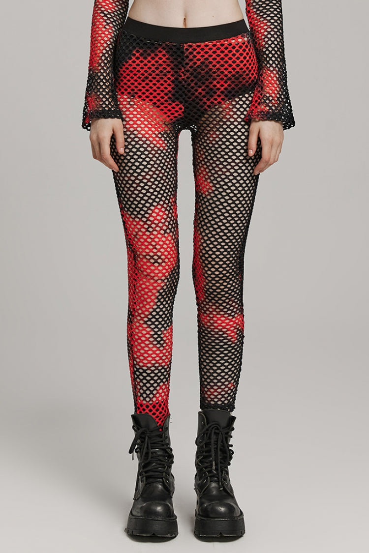 Tie-dyed Print Stitching Sheer Mesh Women's Steampunk Leggings 3 Colors - Black/Red - 14