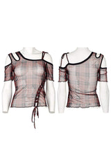 Asymmetrical Cutout Neckline Strap Design Plaid Mesh Women's Punk T-Shirt - Product - 9