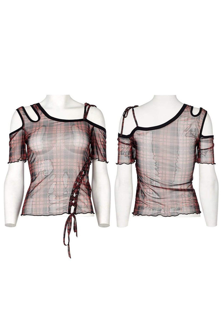 Asymmetrical Cutout Neckline Strap Design Plaid Mesh Women's Punk T-Shirt - Product - 9