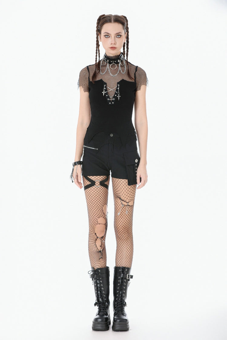 Black Short Sleeves Irregular Mesh Cross Chain-Decorated Eyelet Women's Punk Top - Product - 8