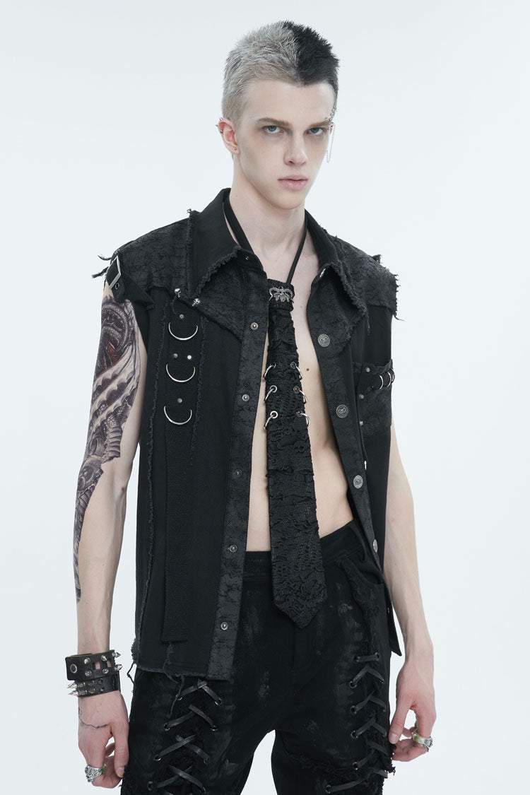 Black Sleeveless Buckle Splice Unedged Men's Punk Vest - Product - 3