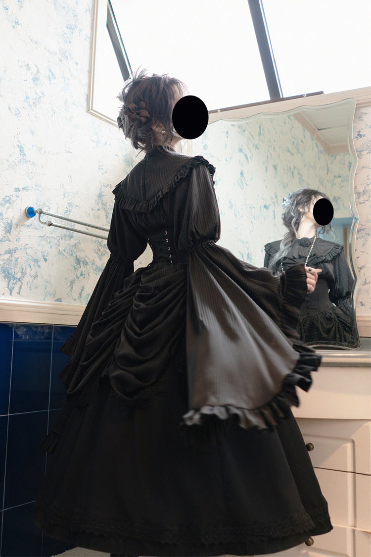 Black [Sleepwalking] Long Hime Sleeves Stitching Lace Plus Size Gothic Elegant Lolita Skirt Set - Product - 11