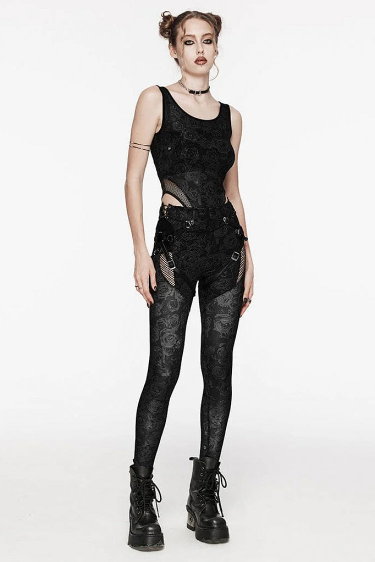 Sleeveless Print Hollow Lace Mesh Sheer Womens Steampunk Bodysuit 3 Colors - Product - 4