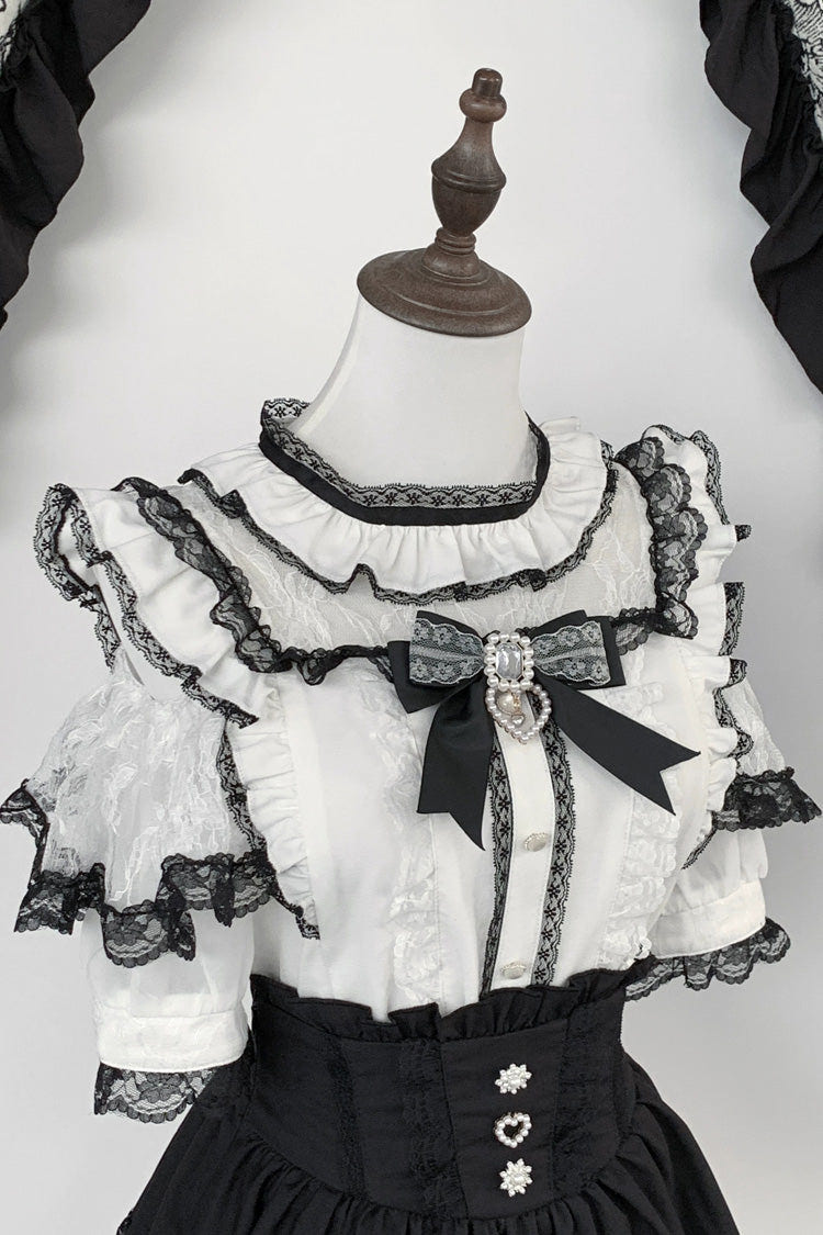 Jirai Kei Sweet Double-Layered Jacquard Ruffled Lace Japanese Skirt Set 2 Colors - Black/White(Top-Only) - 14