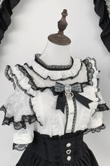 Jirai Kei Sweet Double-Layered Jacquard Ruffled Lace Japanese Skirt Set 2 Colors - Black/White(Top-Only) - 14