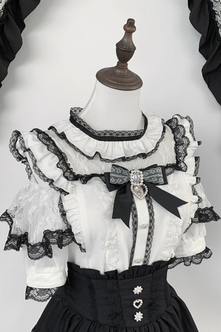 Jirai Kei Sweet Double-Layered Jacquard Ruffled Lace Japanese Skirt Set 2 Colors - Black/White(Top-Only) - 14