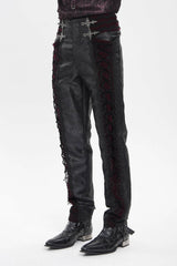 Black/Red Jacquard Spliced Lace-Up Slim Men's Gothic Velvet Palace Pants - Product - 4