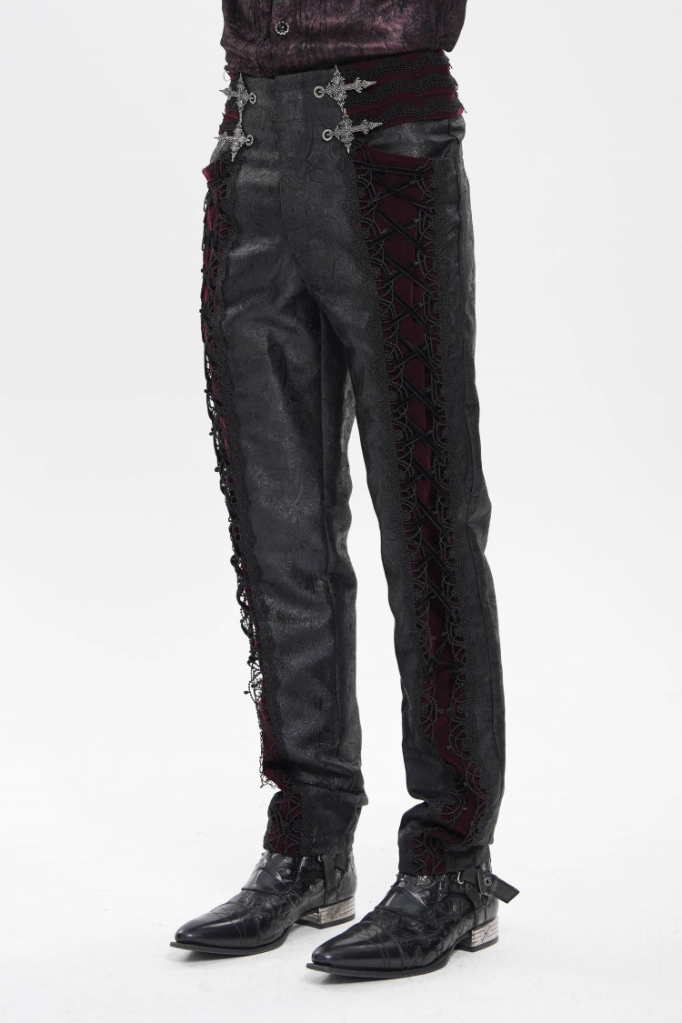 Black/Red Jacquard Spliced Lace-Up Slim Men's Gothic Velvet Palace Pants - Product - 4